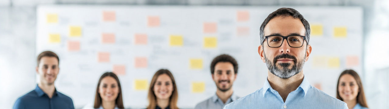 Hombre con gafas en primer plano, con un grupo de personas sonriendo al fondo frente a un panel con notas adhesivas